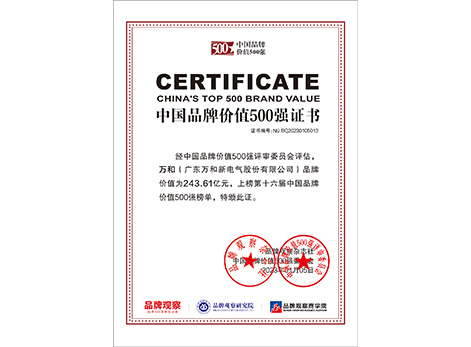 中國品牌價(jià)值500強(qiáng)證書